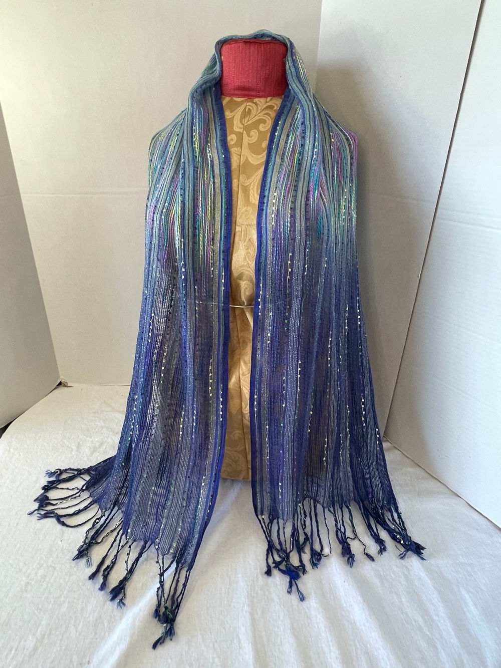 Scarf Woven Multi - Blue Green Purple Gold Sparkling Stripes 70" x 16" Fringe 4"